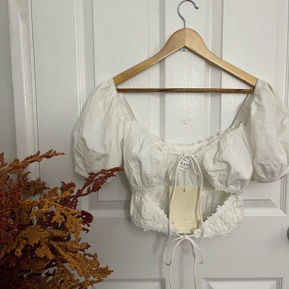 SABO White Puff Sleeve Lace Trim Crop Top NWT - Picture 5 of 10